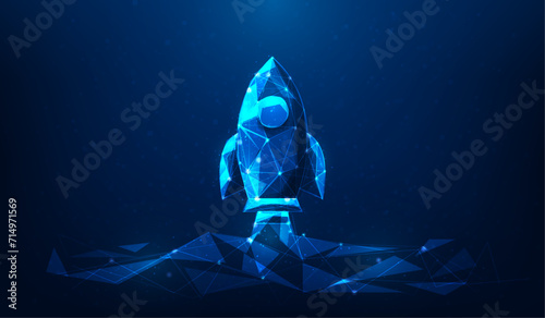 rocket launch business start up technology low poly wireframe on blue background.  new business growth success. leadership strategy achievement. vector illustration hi-tech design.