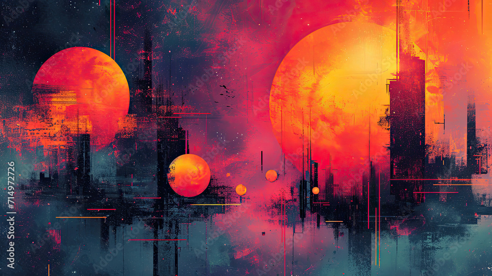 Obraz premium Futuristic city silhouette with two suns in a crimson sky.