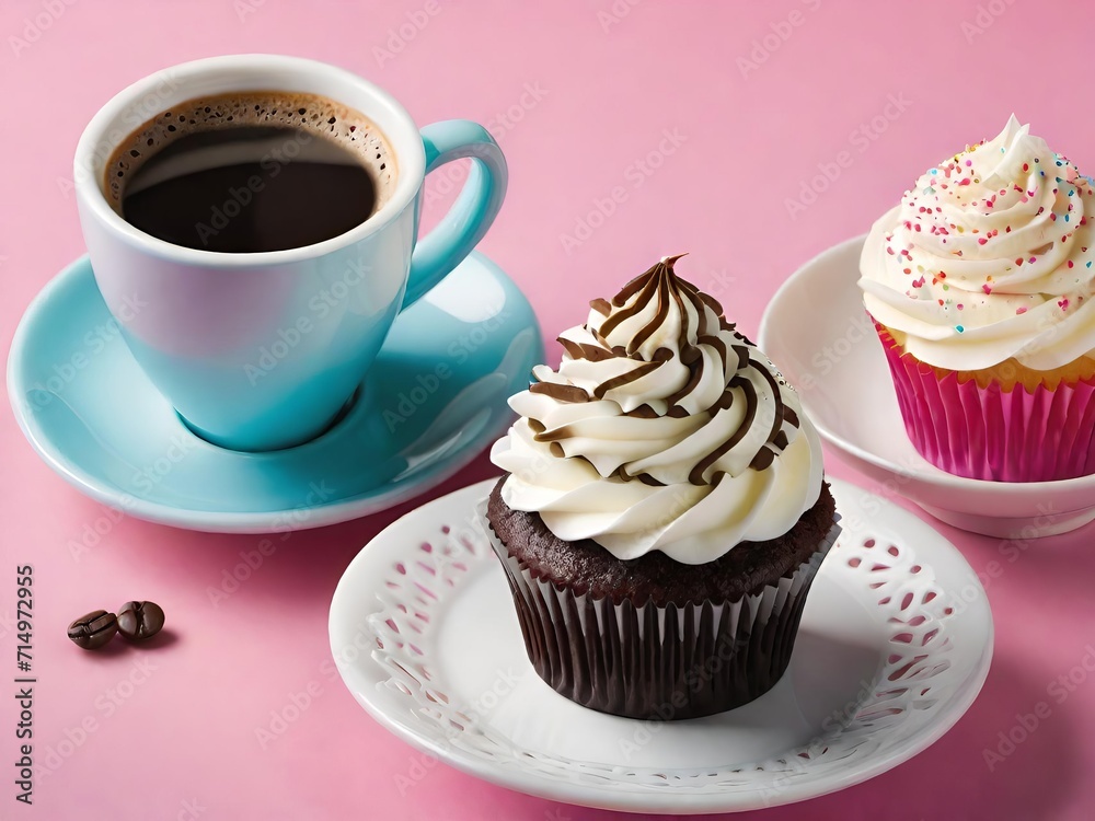 Cup of black coffee and two delicious cupcakes on a pink background. Generative AI. Cup of black coffee and two delicious cupcakes on a pink background. Generative AI.