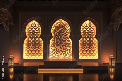 Podium with Islamic and patterns, neon lights providing a sophisticated display for traditional and cultural products.