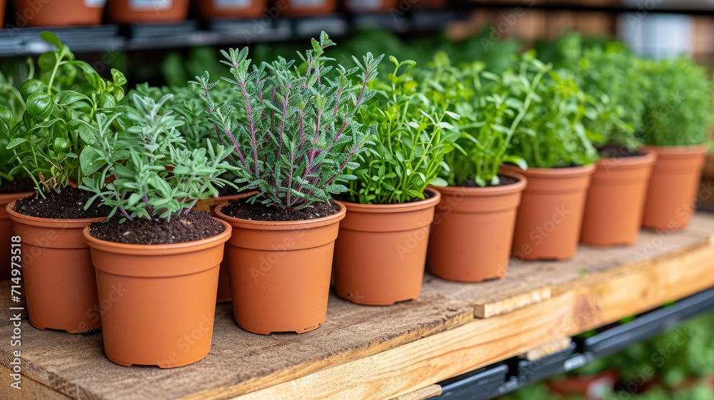 A variety of potted herbs on display at a garden center. A variety of potted herbs on display at a garden center.