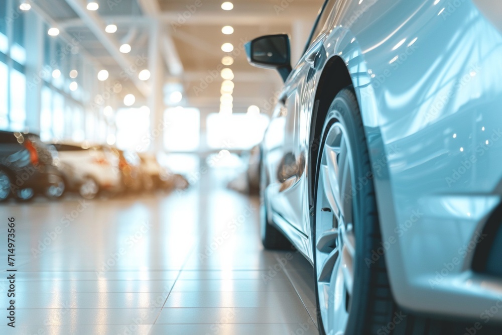 Blurred car parked in luxury showroom. Car dealership office. New car parked in modern showroom. Automobile leasing and insurance background. Auto leasing business. Electric vehicle. Reception area.