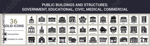 Public buildings icon set in solid style