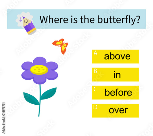 Educational material for kids. Learning prepositions. Where is the butterfly