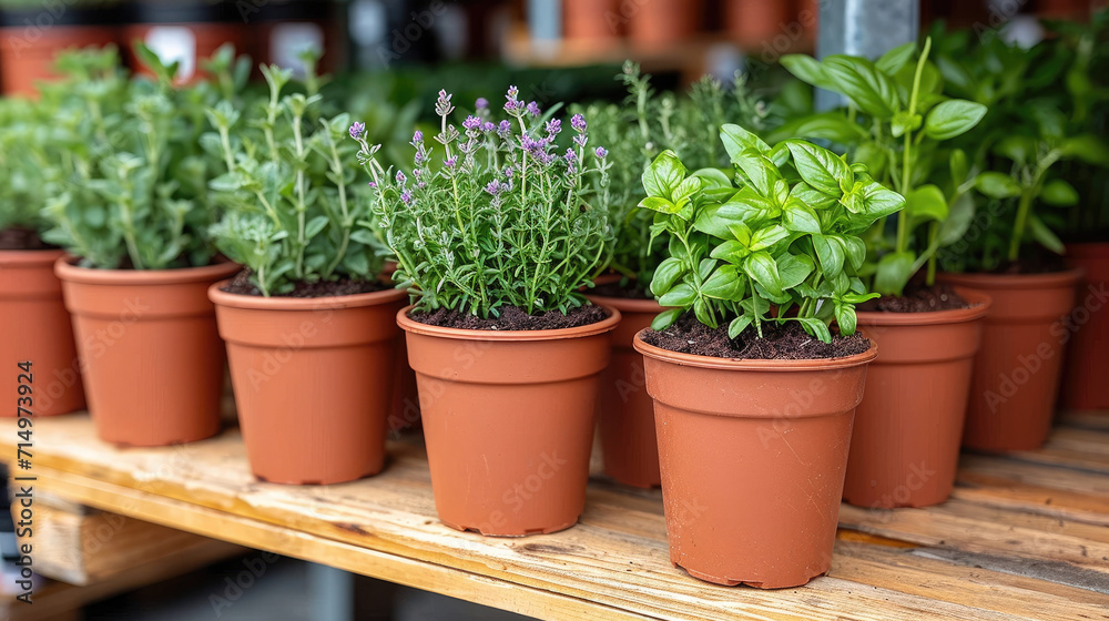 A variety of potted herbs on display at a garden center. A variety of potted herbs on display at a garden center.