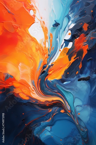 A vibrant explosion of indigo and fiery orange, resembling a liquid firework frozen in time, radiating energy and vibrancy in a vivid 3D abstract spectacle.