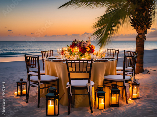 Seaside Romance  Captivating Valentine s Day Table on the Beach with Lanterns  Flowers  and Ocean Views. generative AI