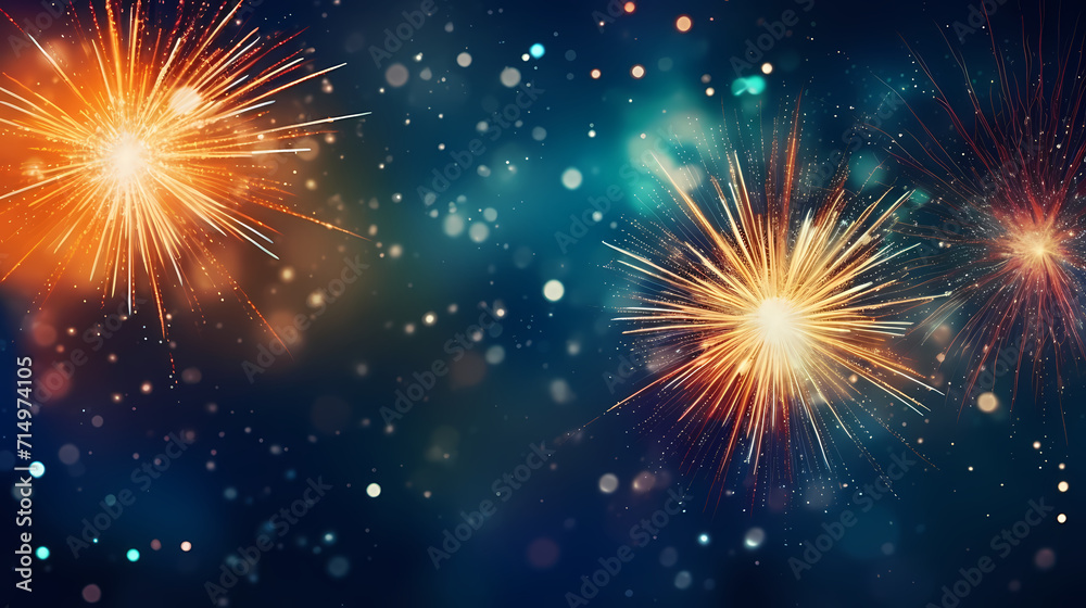 Naklejka premium Happy New Year, burning fireworks with bokeh light background