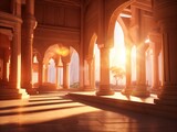 Sunset Illumination Through Temple Arches: Architectural Grace in the Evening Glow