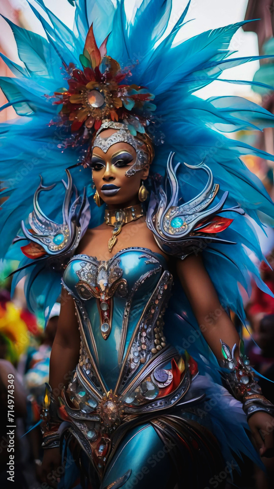 Azure Elegance: Black Model Radiates in Carnival Costume Adorned with Blue Hues