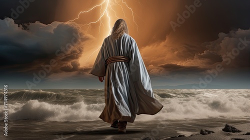 Jesus walks towards the light on the water during a violent storm. See a miracle. The concept of divine power and faith. Flash of lightning on dark background. Illustration for varied design.