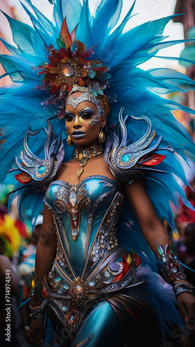 Azure Elegance: Black Model Radiates in Carnival Costume Adorned with Blue Hues
