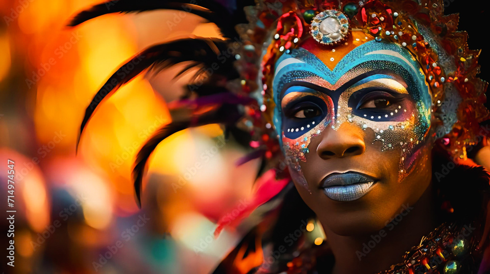 Blue Carnival Beauty: Close-Up of Stunning Black Model Adorned in Vibrant Blue