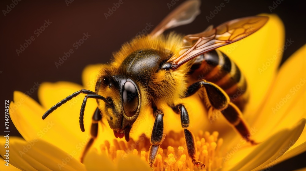 A bee sits on a flower and pollinates it. A hard-working insect at work. Illustration for cover, card, postcard, interior design, banner, poster, brochure or presentation. A bee sits on a flower and pollinates it. A hard-working insect at work. Illustration for cover, card, postcard, interior design, banner, poster, brochure or presentation.