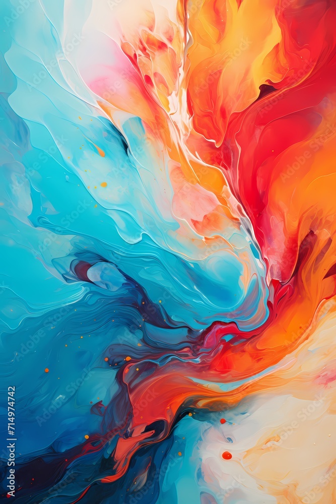 A vibrant explosion of turquoise and fiery red, resembling a liquid firework frozen in time, radiating energy and vibrancy in a vivid 3D abstract spectacle.