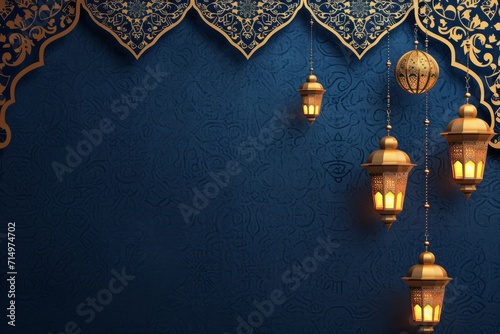 Vibrant Ramadan Kareem background template with a seamless blend of traditional lanterns, crescent moons, and intricate Arabic calligraphy