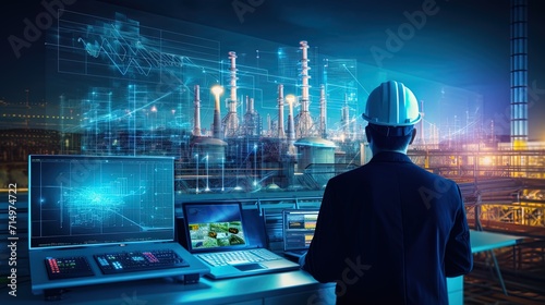 An engineer works against the background of the factory towers