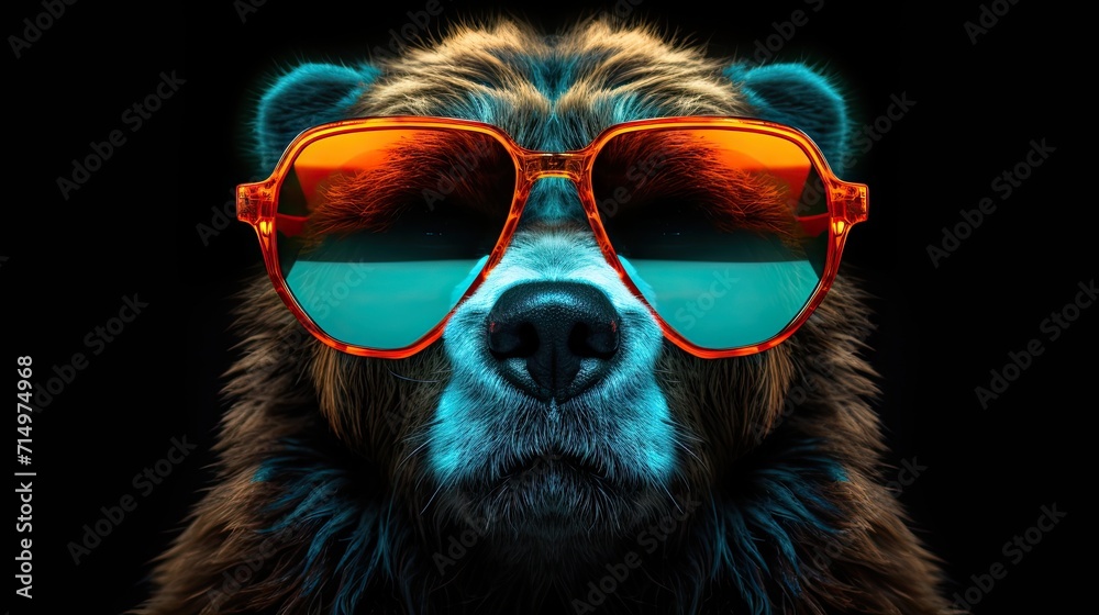 Close-up portrait of a bear wearing glasses. Digital art of a multi-colored grizzly bear. Illustration for cover, card, postcard, interior design, decor or print.