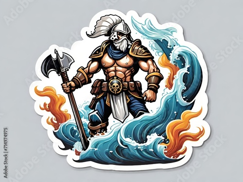 Sticker of fierce warrior in armor  wielding a flaming axe  emerges from swirling waters. Generative AI.