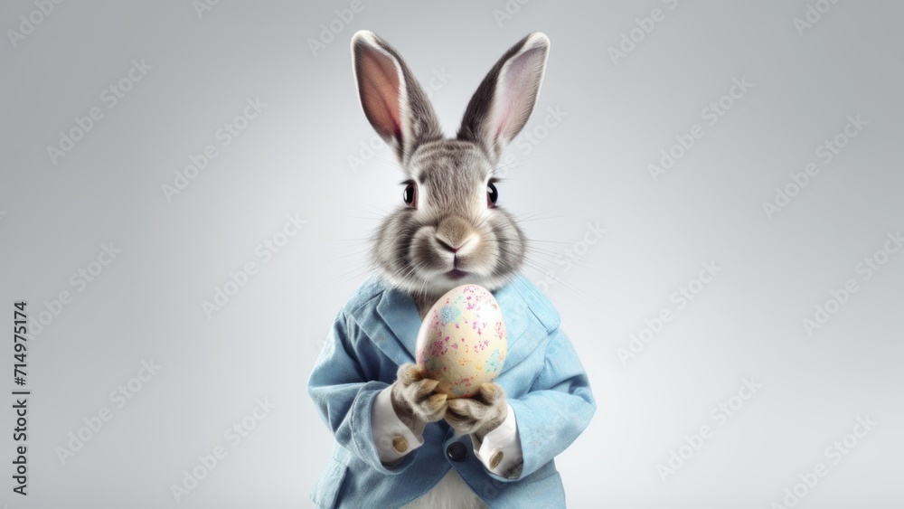 Obraz premium A happy smiling Easter bunny in a jacket holds a large egg in his hands