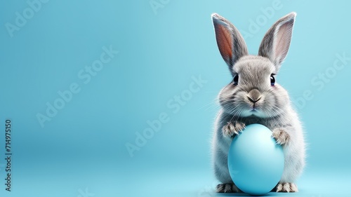 Easter bunny holds a large egg on a blue background