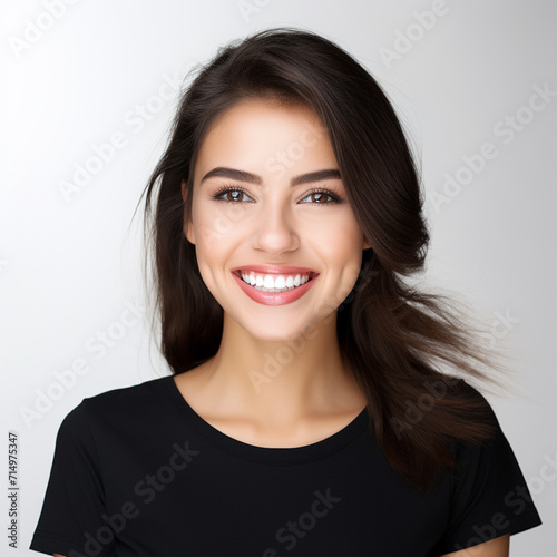 Studio portrait headshot of a woman. Black shirt  white background.  Dental ad  hair studio ad
