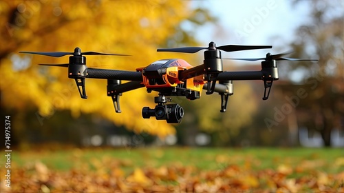 High-tech drone with a digital camera in flight. Application of future technologies. Illustration for banner, poster, cover, brochure or presentation.