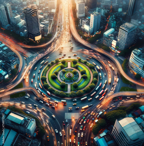 An aerial view of a busy roundabout with lush greenery in the city center during twilight.Modern roundabout concept. AI generated. photo