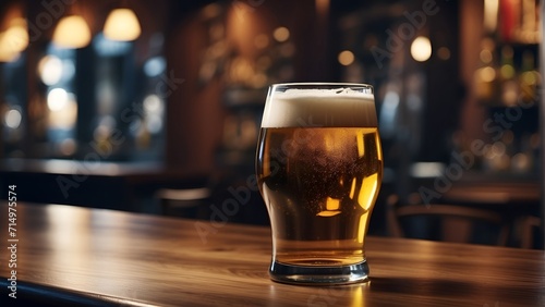 A close-up photo of a glass of beer with a condensation-covered glass sitting on a wooden table. The beer is a golden color and has a thick head of foam. There is a dark background behind the glass. photo