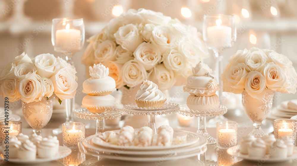 A sophisticated White Day table setting with pristine white roses, delicate china, and an array of exquisite desserts. Soft candlelight and fine details in the décor create an ambi A sophisticated White Day table setting with pristine white roses, delicate china, and an array of exquisite desserts. Soft candlelight and fine details in the décor create an ambi
