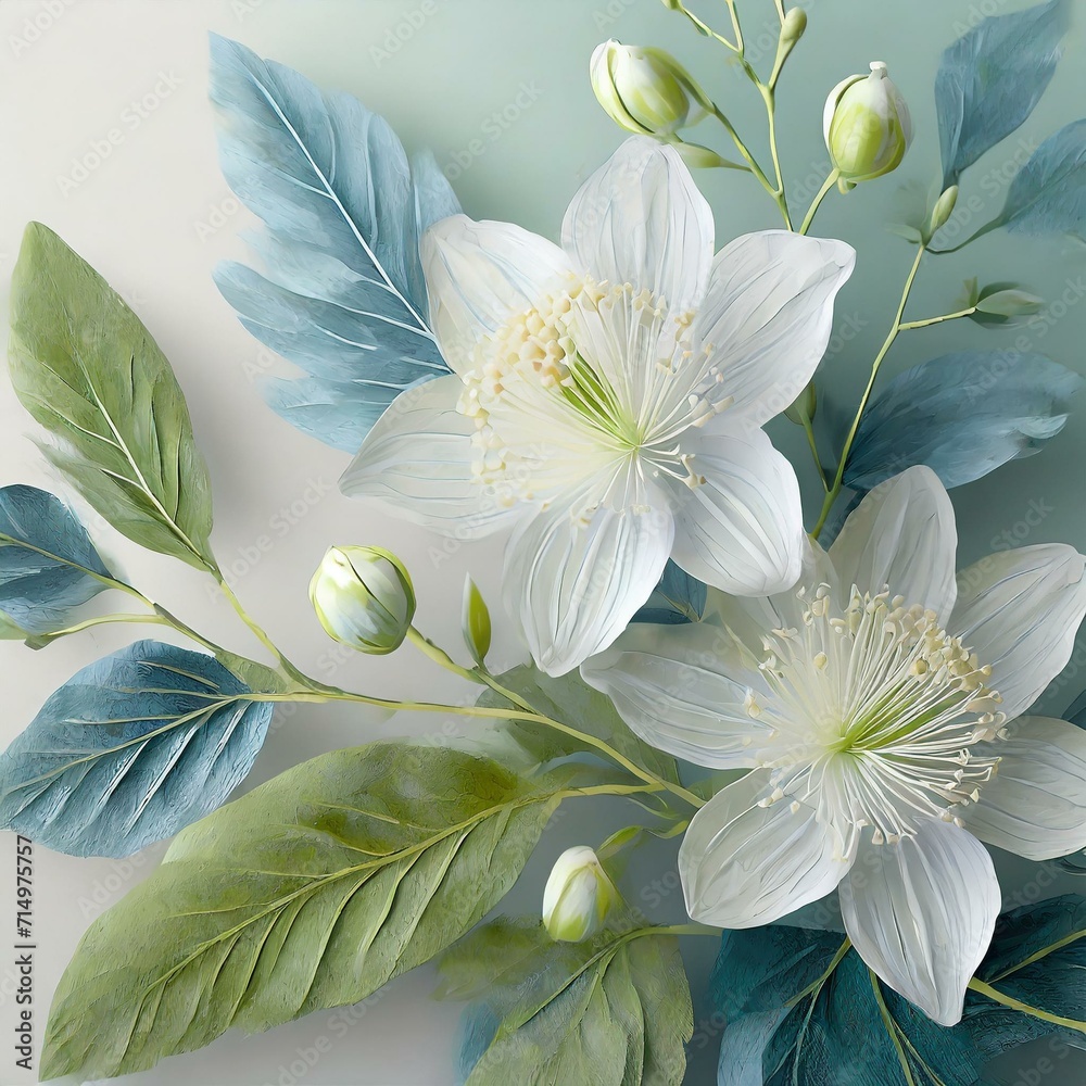 Gentle Nature Whispers: 3D Rendering with Soft Pastel Botanical Elements