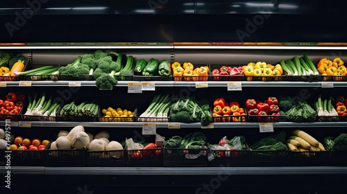 Vibrant supermarket in the vegetable section  background with copy space.