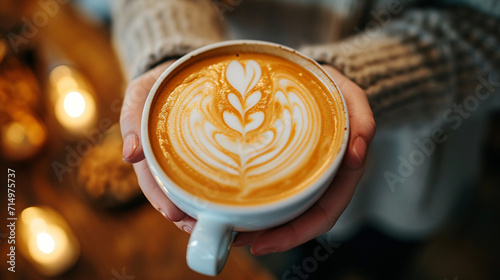 In a charming cafe, a barista crafts intricate latte art on a cup of velvety white hot chocolate for White Day. The delicate foam designs and cozy setting evoke a sense of warmth a
