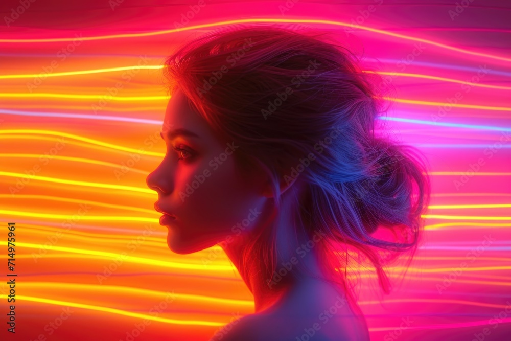 The girl's face in colorful bright neon ultraviolet and purple lights