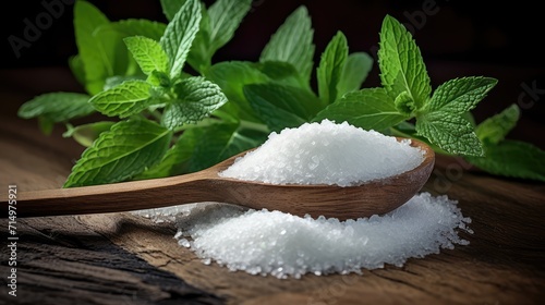 Spoon with natural sweetener stevia on a heap, closeup photo