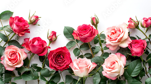Pink and Red roses with leaves 0n white background for copy space  Plants Day  Valentine Day  Rose Day  Generative Ai