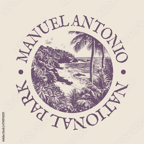 Manuel Antonio, Quepos, Costa Rica Illustration Clip Art Design Shape. National Park Vintage Icon Vector Stamp.
