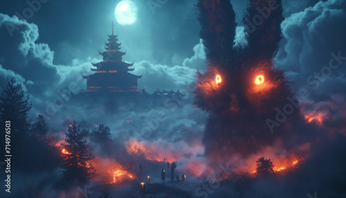 Majestic Giant Rabbit with Glowing Eyes Overseeing Traditional Temple