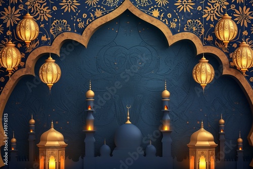 Islamic background featuring lanterns and a mosque, with a luxurious touch of light navy and gold, creating an elegant and regal atmosphere. © Chand Abdurrafy
