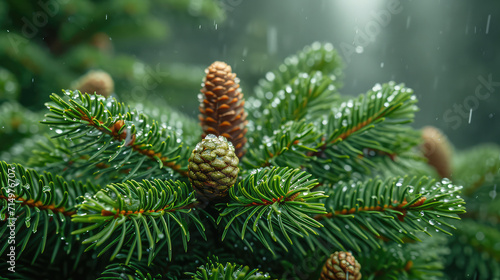 Pine cones amidst dewy fir needles, misty ambiance.
