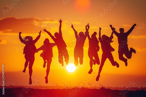 A group of people jumping in the air during a sunset Generative AI © Bipul Kumar