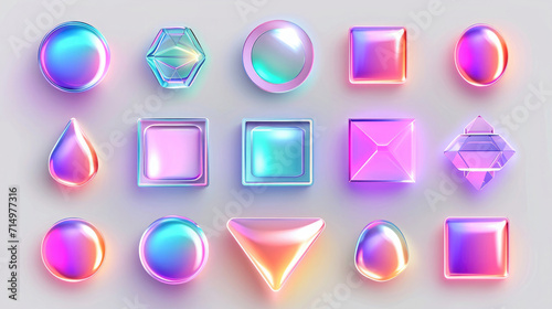 set of holographic 3D volumetric figures, different shapes, shiny icons on a white background