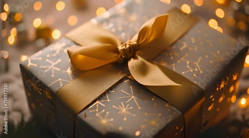 a gift wrapped in gold and silver paper with a bow photo