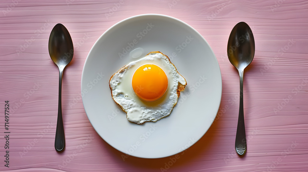 Conception of fertilization. Fried egg in white plate, and spoon