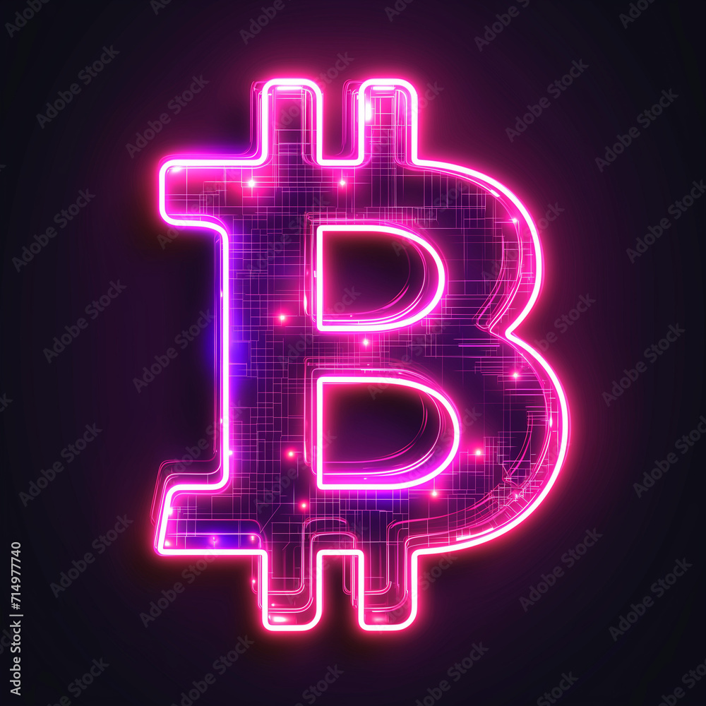 Cyberpunk style bitcoin symbol in pink and purple neon - Generative AI