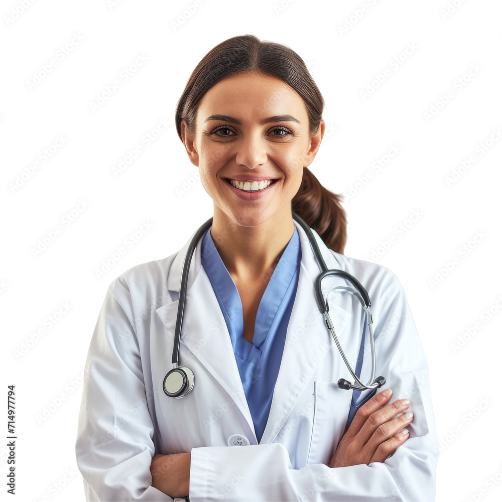 Fototapeta premium A smiling female doctor with crossed arms wearing a lab coat and stethoscope.