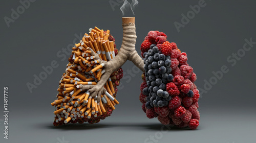 comparison of lungs filled with cigarette butts and health berries on a gray background photo
