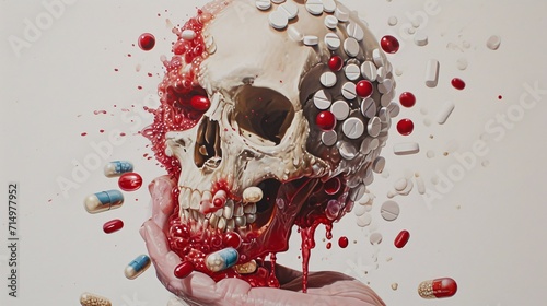 A Skull with Pills and Medications Generative AI photo