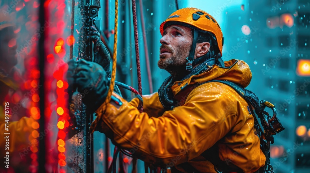 A High Altitude Window Cleaner Working on the Exterior of a Skyscraper, Secured with Ropes and Harnesses
A High Altitude Window Cleaner Working on the Exterior of a Skyscraper, Secured with Ropes and Harnesses