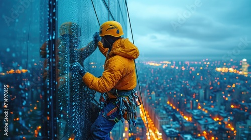 
A High Altitude Window Cleaner Working on the Exterior of a Skyscraper, Secured with Ropes and Harnesses photo